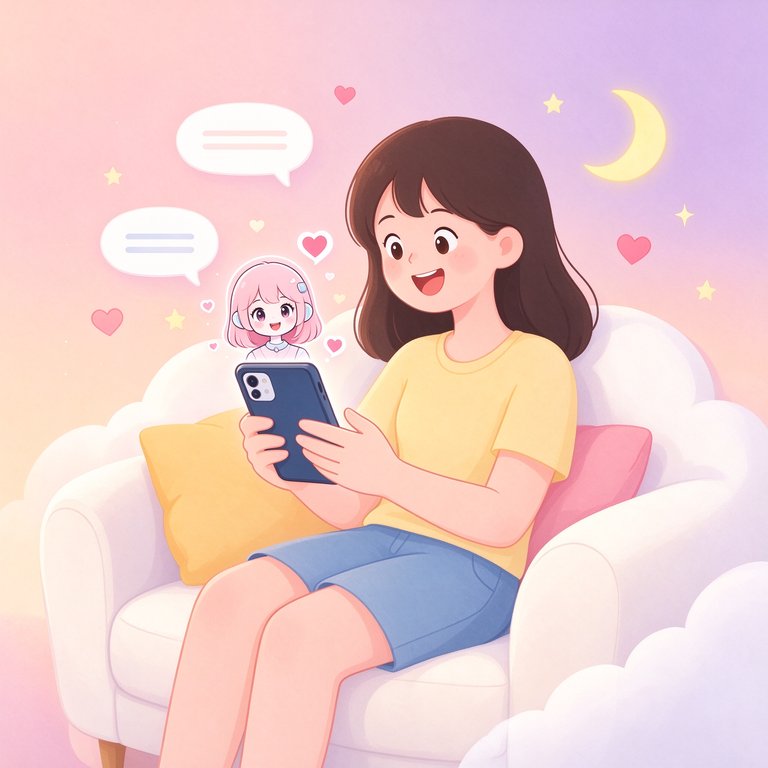 女孩抱着手机与AI陪伴人设开心聊天场景插画
