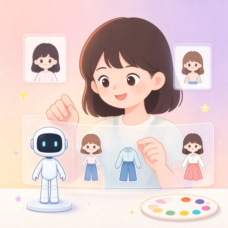 女孩在定制面板前为AI人设挑选发型与穿搭的插画